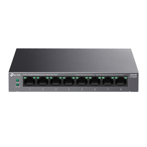 TP-LINK LS108GP, Green Tech, 8 Port GigaBit, PoE 62W, Yönetilemez, Metal Kasalı Switch