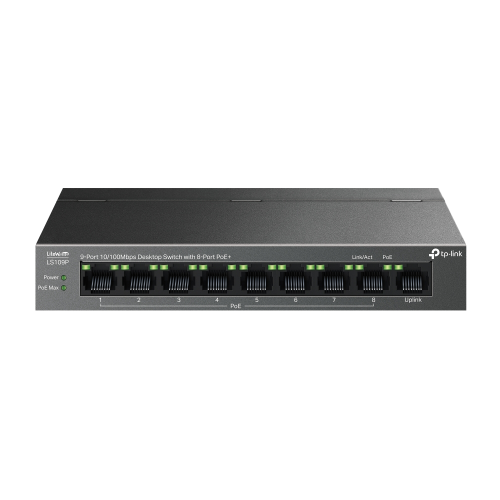 TP-LINK LS109P, Green Tech, 8 Port MegaBit, POE 63W, 1 Port Uplink, Long Range 250Mt, Yönetilemez, Metal Kasalı Switch