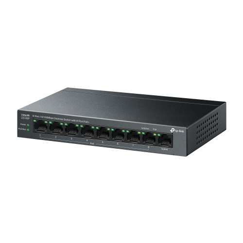 TP-LINK LS109P, Green Tech, 8 Port MegaBit, POE 63W, 1 Port Uplink, Long Range 250Mt, Yönetilemez, Metal Kasalı Switch