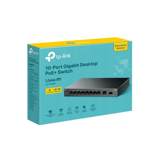 TP-LINK LS1210GP, Green Tech, 8 Port Gigabit, PoE 61W, 1 Port Gigabit Uplink, 1 Port Gigabit SFP, Yönetilemez Masaüstü Switch