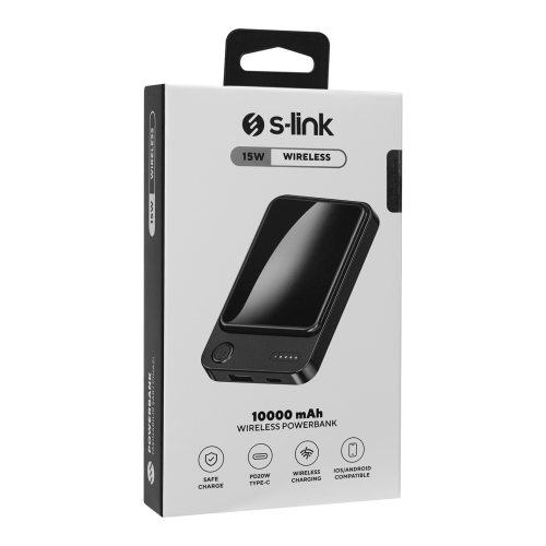 S-LINK M1021, Magsafe, Siyah, 10.000mAh, 1xUSB, 1xType-C, 4 LED Göstergeli, PowerBank