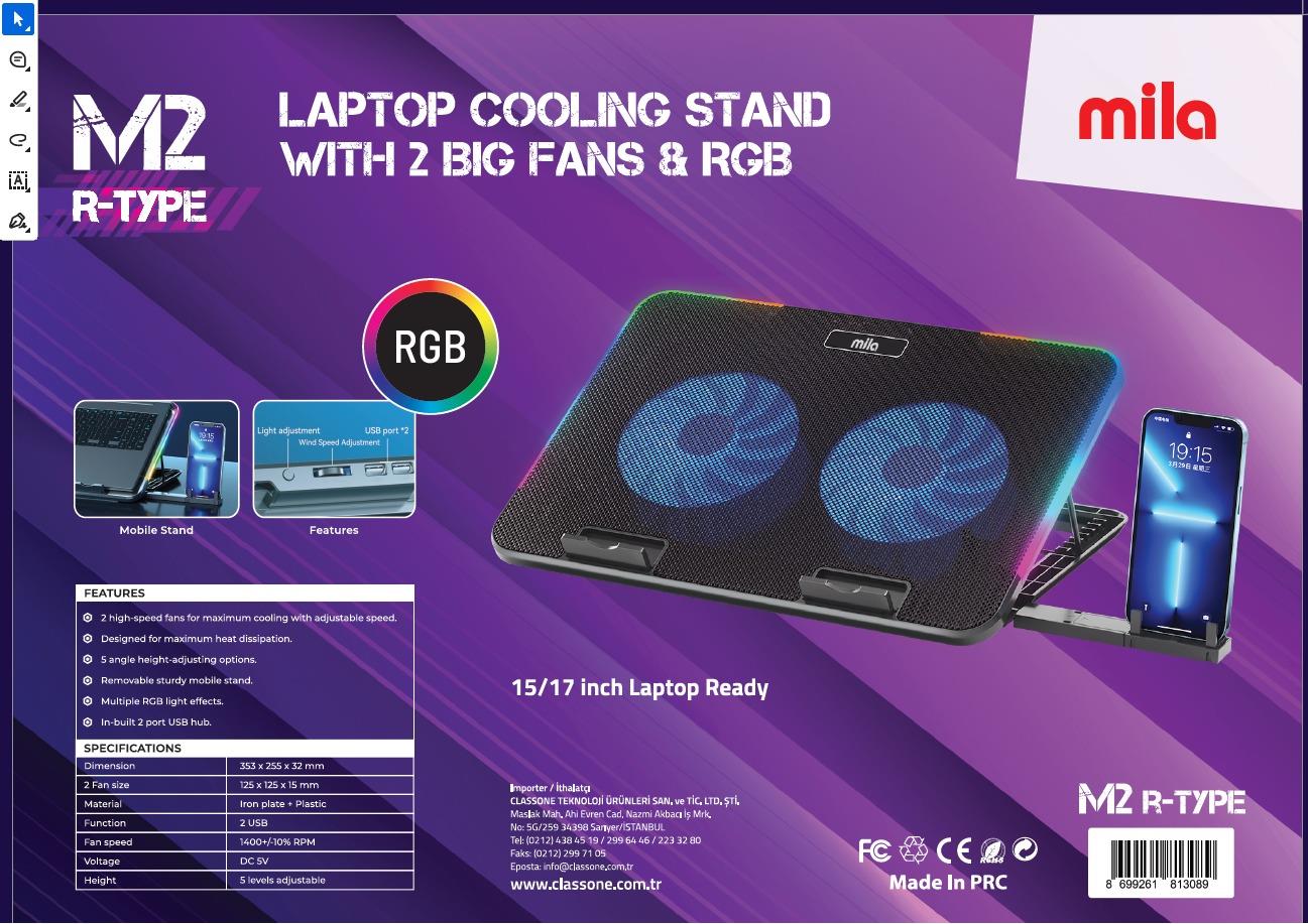 Classone Mila Serisi M2 R-TYPE 13-17 inch RGB Işıklı, 2 Büyük Fan, Telefon Standı,2 USB Notebook Soğutucu Stand