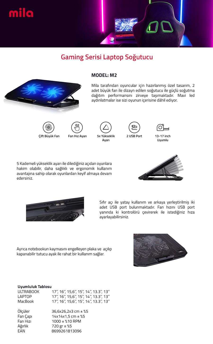 Classone Mila Serisi – M2 – 13-17 inch – Mavi Led,2 Fan,2 USB Gaming Notebook Soğutucu Standı
