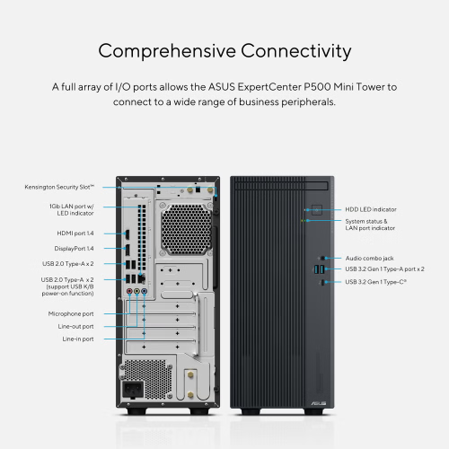 ASUS P500MV-C724016512B0D ExpertCenter P500, Core 7 240H, 16Gb DDR5 Ram, 512Gb SSD, Paylaşımlı Ekran Kartı, FreeDos, Mini Kule PC