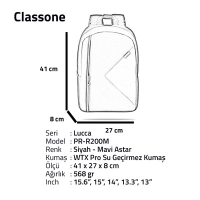 Classone PR-R200M Lucca Serisi 15,6 inç Laptop Notebook Sırt Çantası – Siyah-Mavi Astar