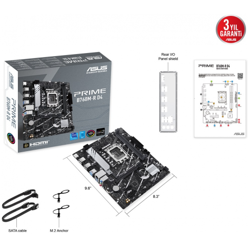 ASUS PRIME B760M-R D4, 2xDDR4, 2x M.2, HDMI, 12-13-14.Nesil, LGA1700 Soket, Anakart