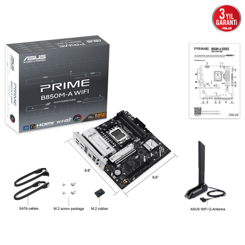 ASUS PRIME B850M-A WIFI, 4xDDR5, 3xM.2, 2xDP, HDMI, Type-C, Wi-Fi 6, Bluetooth 5.3, AM5 Soket Anakart