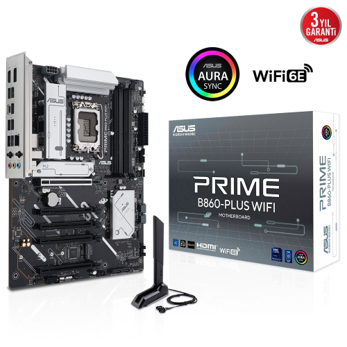 ASUS PRIME B860-PLUS WIFI, 4xDDR5, 2x M.2, HDMI, DP, Wi-Fi 6E, Bluetooth v5.3, Intel Core Ultra CPU(Seri 2), LGA1851 Soket, Gaming Anakart