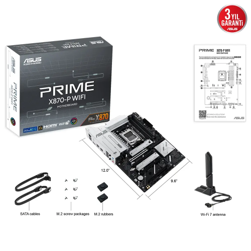 ASUS PRIME X870-P WIFI, 4xDDR5, 4xM.2, HDMI, DP, Type-C, Wi-Fi 7, Bluetooth v5.4, AM5 Soket GAMING Anakart