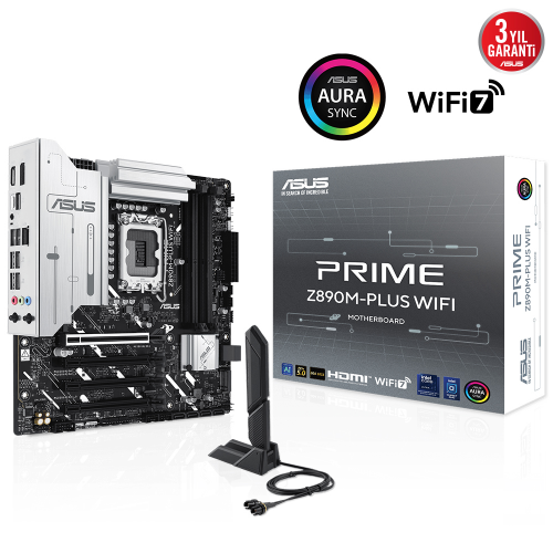 ASUS PRIME Z890M-PLUS WIFI, 7600MHz, 4xDDR5 3x M.2, HDMI, DP, Type-C, Wi-Fi 7, Bluetooth 5.4, Intel Core Ultra CPU(Seri 2), LGA1851 Soket, Gaming Anakart
