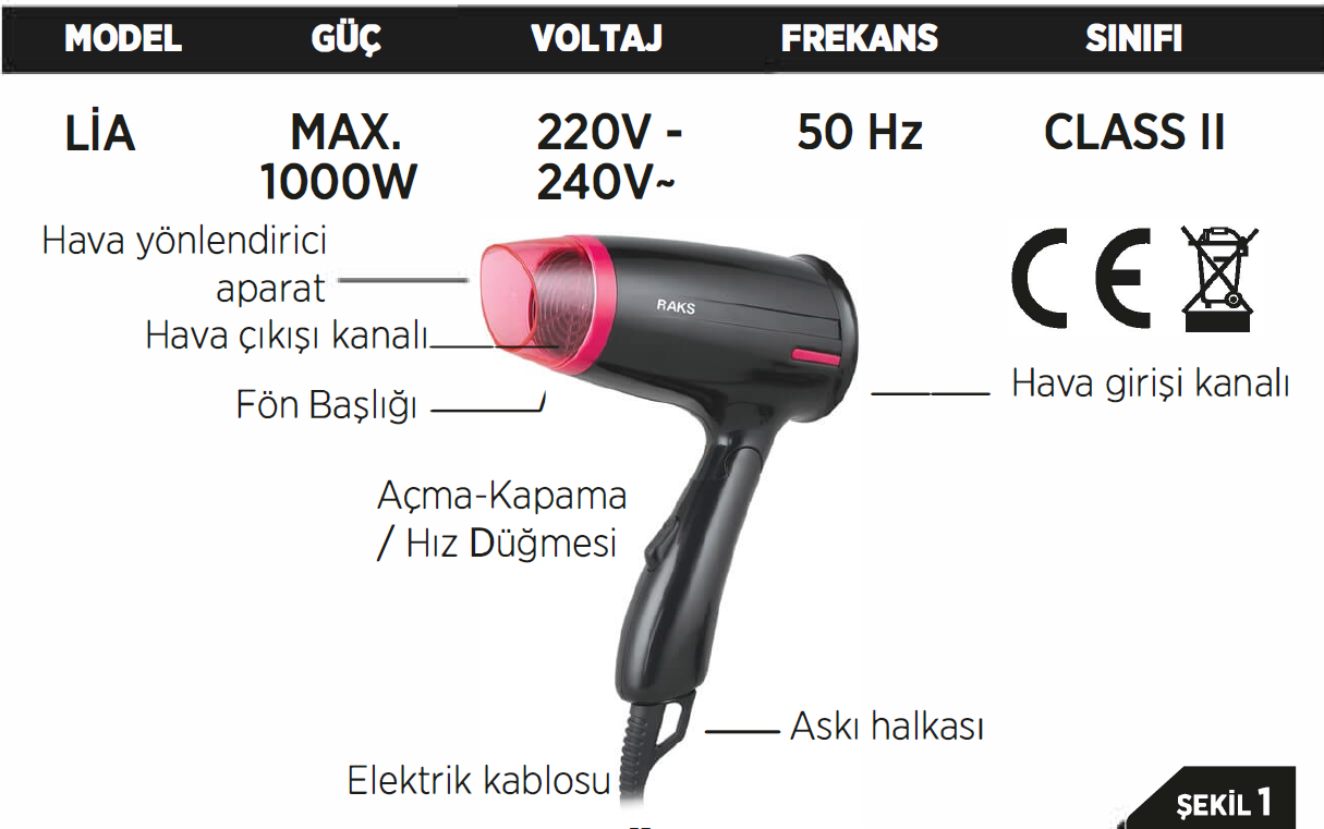 Raks Lia/Mabel Seyahat Tipi Saç Kurutma Makinesi