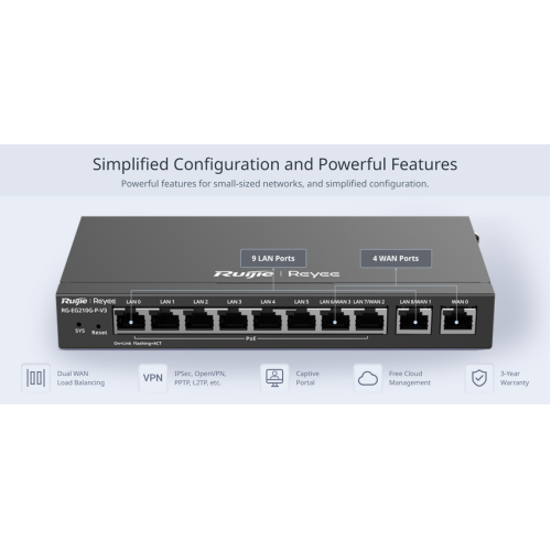 RUIJIE Reyee RG-EG210G-P-V3 10 Port Gigabit, Web  Yönetilebilir, 4 WANs, 200 Kullanıcı,