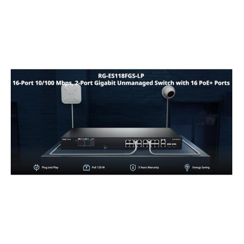 RUIJIE REYEE RG-ES118FGS-LP  18 Port, 16 Port  Megabit PoE, 120W, 2 Port Gigabit  COMBO,  Switch  Metal Kasa