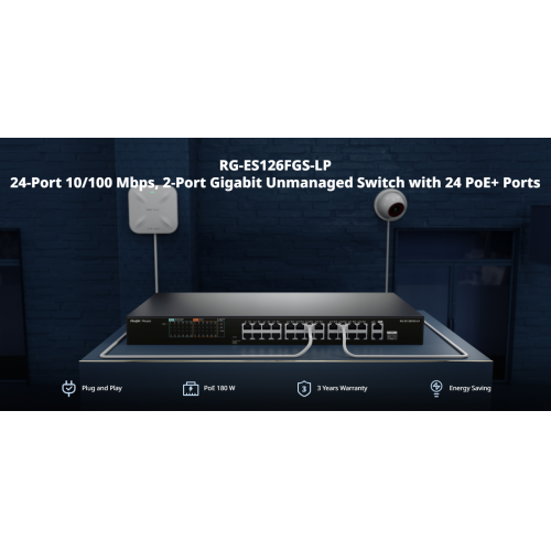 RUIJIE REYEE RG-ES126FGS-LP  26 Port, 24 Port  Megabit PoE, 180W, 2 Port Gigabit Uplink, 1 Port Gigabit COMBO,  Switch  Metal Kasa
