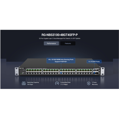 RUIJIE REYEE RG-NBS3100-48GT4SFP-P  48 Port  GigaBit PoE,  370W, 4Port SFP, L2 Yönetilebilir Switch  Metal Kasa