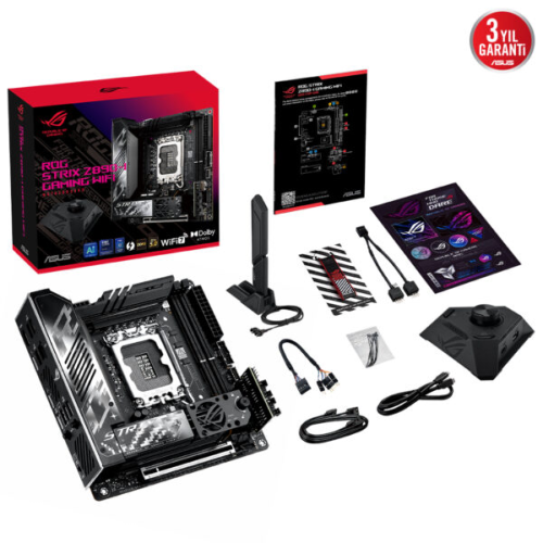 ASUS ROG STRIX Z890-I GAMING WIFI, 2xDDR5, 2xM.2, HDMI, 2xThunderbolt, 2xType-C, Wi-Fi 7, Mini ITX, Intel Core Ultra CPU(Seri 2), LGA1851 Soket, Gaming Anakart