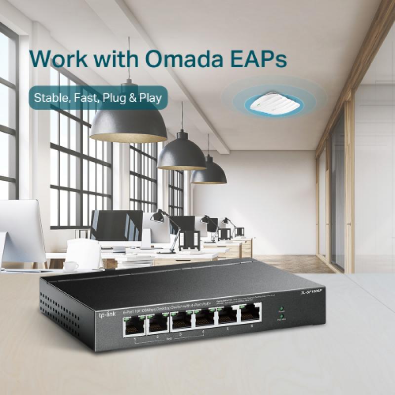 TP-LINK TL-SF1006P, 6 Port, MegaBit, 4 Port PoE 67W, Yönetilemez, Metal Kasalı Switch