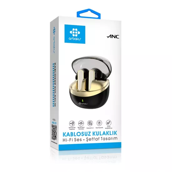 ARB-707 Siyah-Altın Bluetooth 5.4 ANC Şeffaf Tasarımlı TWS Kablosuz Kulaklık