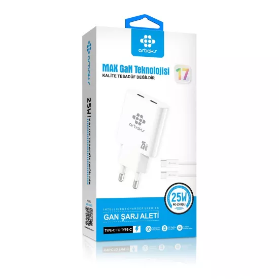 Arbaks ARB-CH03 25W Çift PD Max GaN Type-C to Type-C Kablolu Şarj Aleti – Beyaz