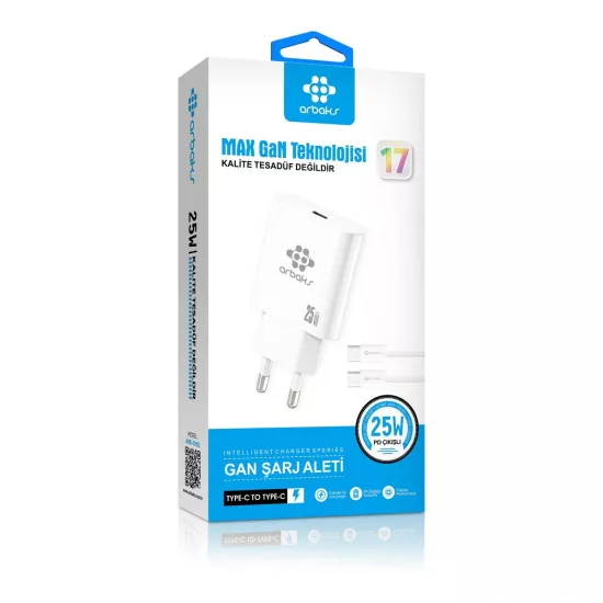 Arbaks ARB-CH05 25W PD Max GaN Type-C to Type-C Kablolu Şarj Aleti – Beyaz