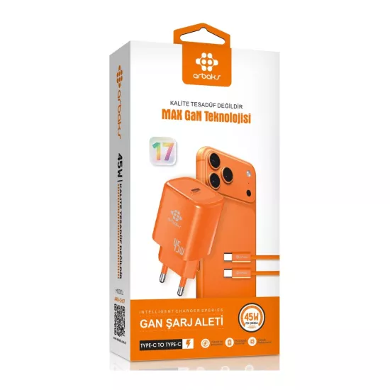Arbaks ARB-CH07 45W PD Max GaN Type-C to Type-C Kablolu Şarj Aleti – Turuncu