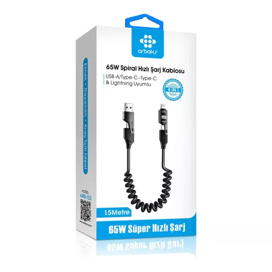 Arbaks ARB-132 65W 4’ü 1 Arada Spiral Şarj Kablosu – 1.5 m