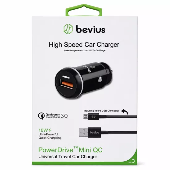 Micro USB Siyah 18W QC 3.0 Kablolu Araç Şarj Cihazı Bevius BVS-AU506
