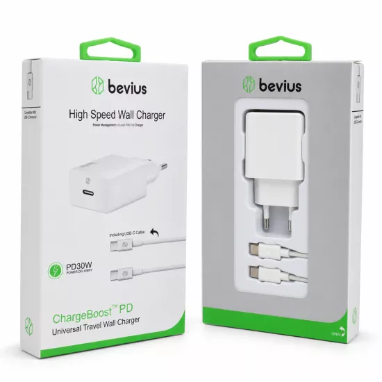 Type-C to Type-C Beyaz 30W PD Kablolu Duvar Şarj Cihazı BVS-CH414