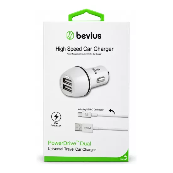TYPE-C Beyaz 15W Çift USB Kablolu Araç Şarj Cihazı BVS-AU515