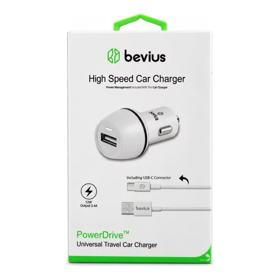 TYPE-C Beyaz 12W Kablolu Araç Şarj Cihazı PowerDrive