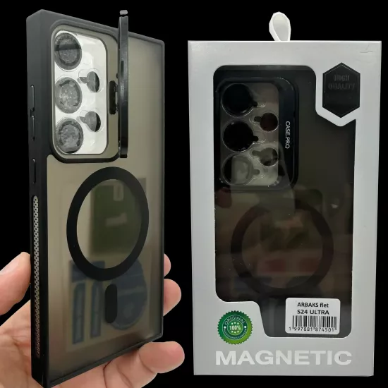(Gri) iPhone 15 Pro Max – Kılıf Standlı Camera Lensli Magsafe Wireless Şarj Özellikli