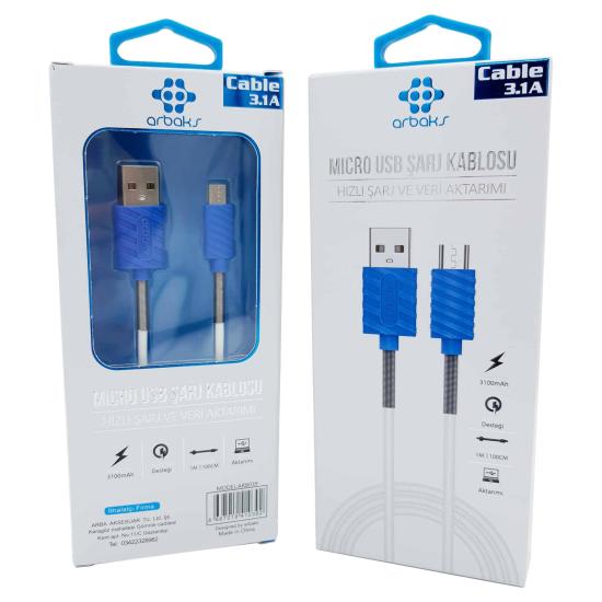 Micro 3.1A Mavi Yaylı Usb Şarj Kablosu Arbaks Arb039