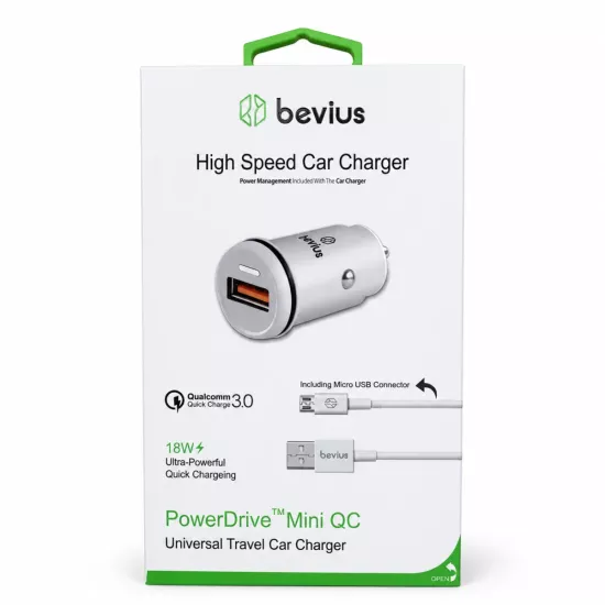 Micro USB Beyaz 18W QC 3.0 Kablolu Araç Şarj Cihazı Bevius BVS-AU506