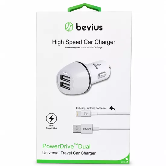 Lightning Beyaz 15W Çift USB Kablolu Araç Şarj Cihazı Bevius BVS-AU516