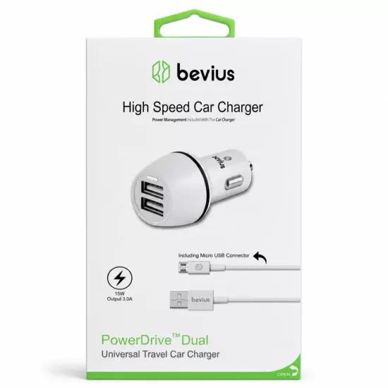 Micro USB Beyaz 15W Çift USB Kablolu Araç Şarj Cihazı BVS-AU514