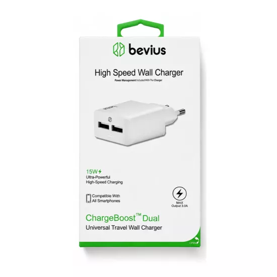 Çift USB Beyaz 15W Duvar Şarj Cihazı BVS-CH406