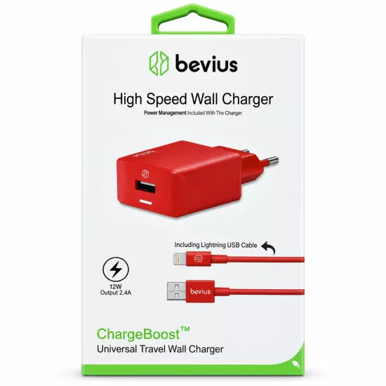 Lightning Kablolu Kırmızı 12W Duvar Şarj Cihazı BVS-CH402