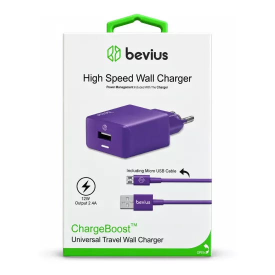 Micro USB Kablolu Mor 12W Duvar Şarj Cihazı BVS-CH403