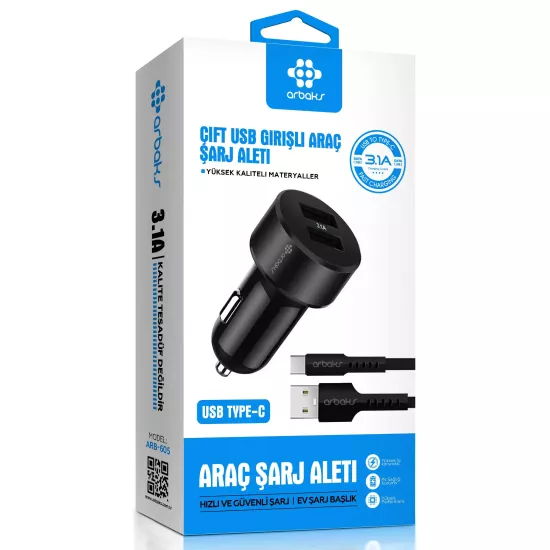 3.1A Çift Usb Girişli (Type-c) Kablolu Araç Şarj Aleti Arbaks ARB-605