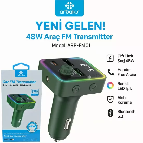 48W (PD + QC) Araç FM Transmitter Arbaks ARB-FM01