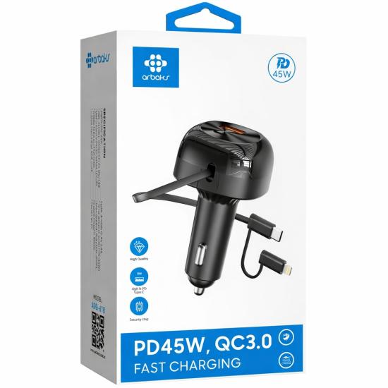 45W PD + QC3.0 Araç Şarj Aleti – Type-C & Lightning Kablolu Arbaks ARB-618