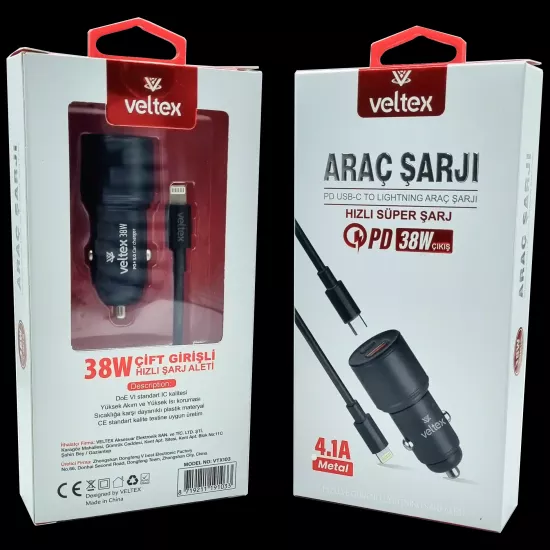 4.1A 38W PD To Lightning Metal Araç Şarj Aleti Veltex VTX103