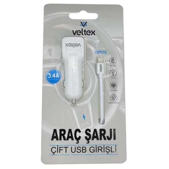 3.4A Çift Girişli (iphone) Kablolu Araç Şarj Aleti Veltex VTX-030