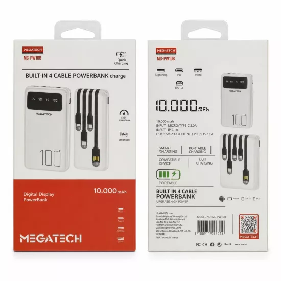 Megatech MG-PW10B 10.000 mAh 4 Kablolu Dijital Göstergeli Powerbank