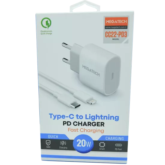 20W PD TYPE-C To İphone Şarj Aleti Megatech CC22-PD3
