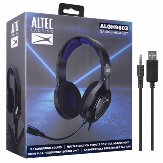 Altec Lansing ALGH9603, Siyah, PS4/XBOX/Mobil  Uyumlu, USB+3.5mm, Mavi Led Aydınlatma, USB Kablolu, Gaming Mikrofonlu Kulaklık