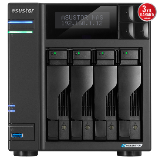 ASUSTOR AS6704T, 4Gb DDR4 Ram, 4 Yuvalı (4x22TB Destek), 4xM.2, PCI-e, 2x2.5GbE Network, 2xUSB 3.2, Tower NAS (Yedekleme) Cihazı