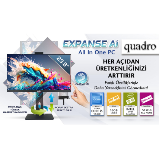 QUADRO EXPANSE AI B424 14165, i5-14400, 23,8’’ FHD Ekran, 16Gb Ram, 512Gb SSD, Pivot, Paylaşımlı VGA, Free Dos All In One PC