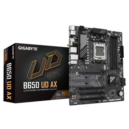 GIGABYTE B650 UD AX, 4xDDR5, 3xM.2, DP, HDMI, Type-C, Wi-Fi 6E, Bluetooth v5.3, AM5 Soket GAMING Anakart
