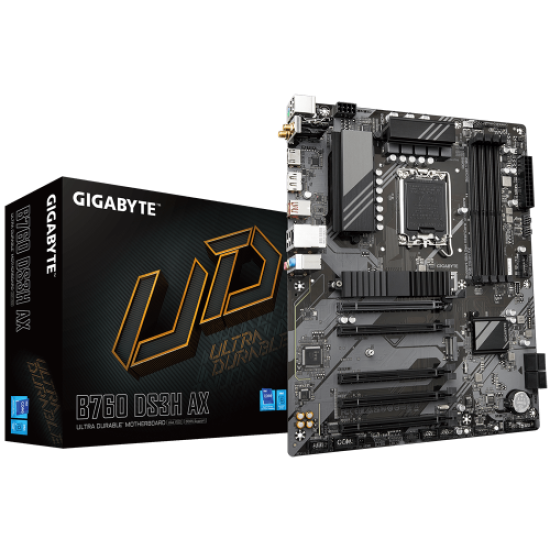 GIGABYTE B760 DS3H AX, rev.1.0, 4xDDR5, 2xM.2, DP, HDMI, Type-C, Wi-Fi 6E, Bluetooth v5.3, 12-13-14.Nesil, LGA1700 Soket, Anakart